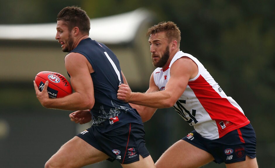 AFL 2016 Training - Melbourne Intra-Club Match Jesse Hogan (left) kicked four goals in quick succession in Melbourne's intraclub on Friday - ${keywords}